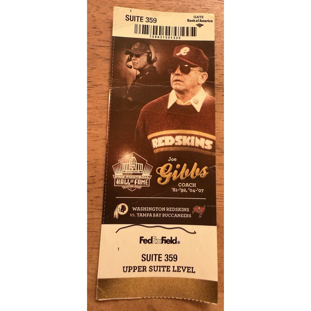 Joe Gibbs Ticket Stub Washington Redskins Vs Buccaneers Suite 359 Rare